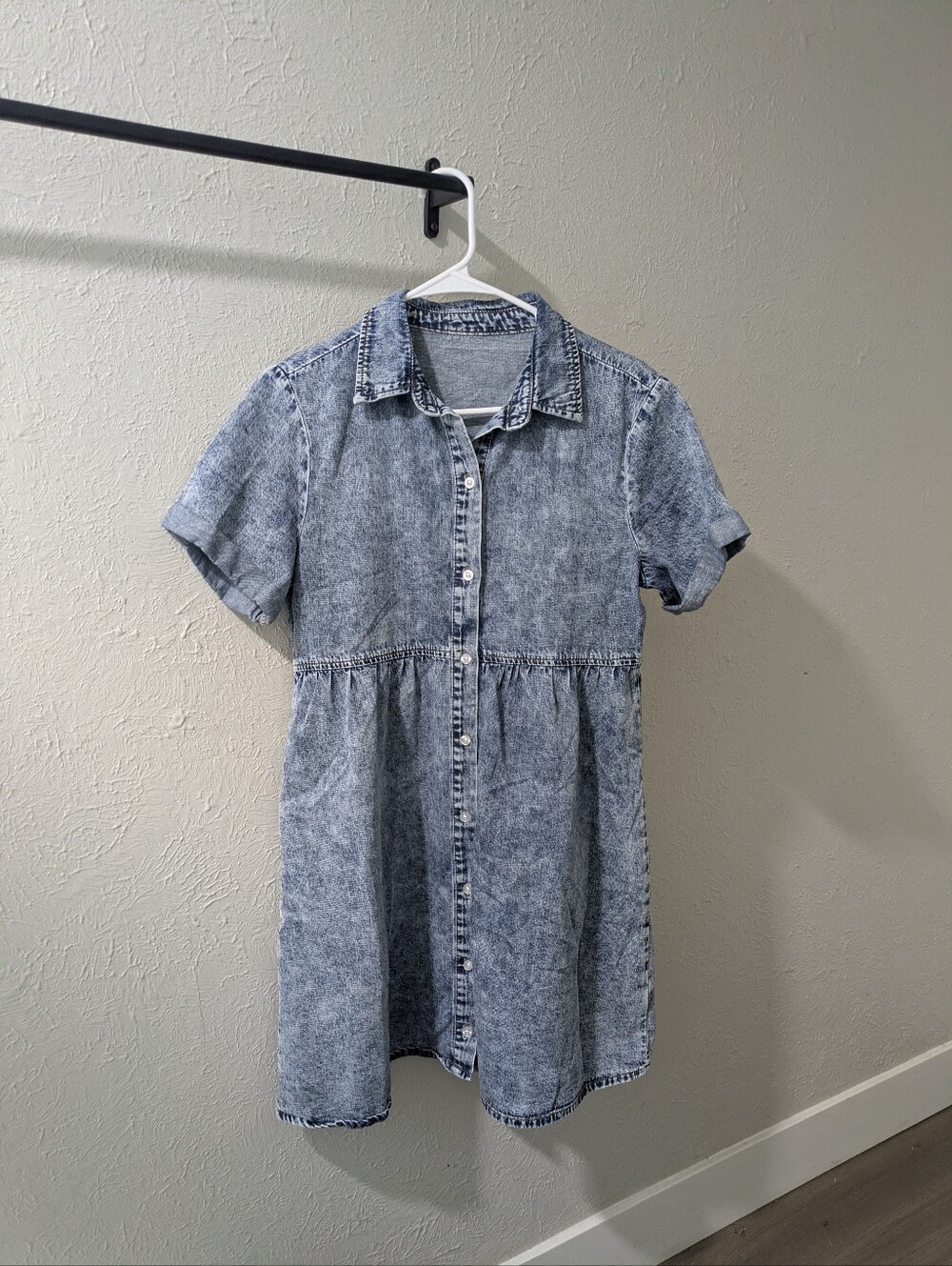 Denim Babydoll Tiered Short Sleeve Button Down Jean Shirt Dress